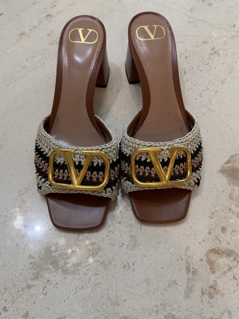 Valentino Brown & Cream Raffia VLOGO Block Heel Mule